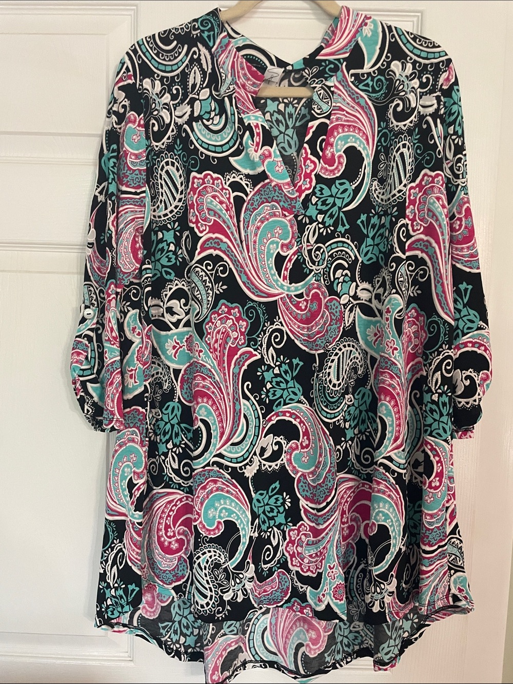 Sew In Love Paisley V-Neck Tunic Top in Black, Teal & Pink